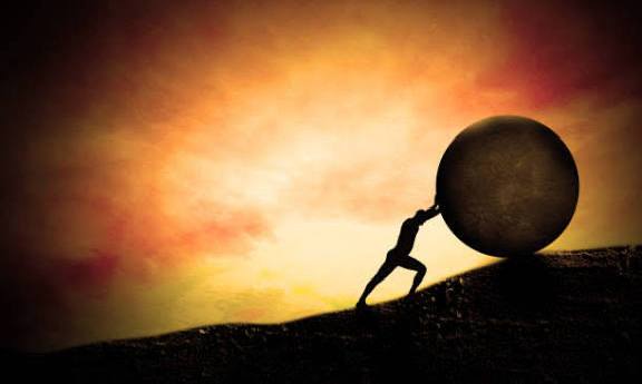 Sisyphus pushing boulder